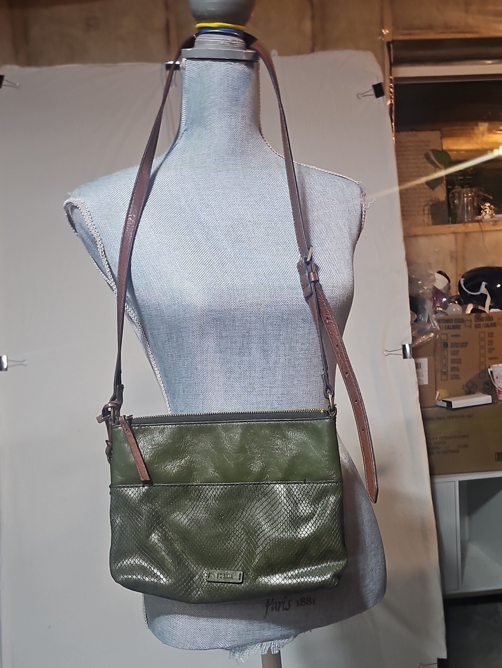 Fossil Fiona Small Crossbody Bag Olive Green Embossed Woven Leather Purse